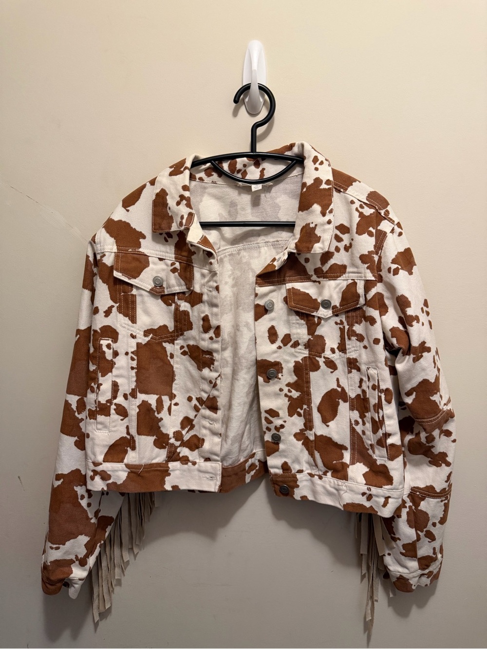 Fringe Cowprint Cotton Jacket - Brown/White